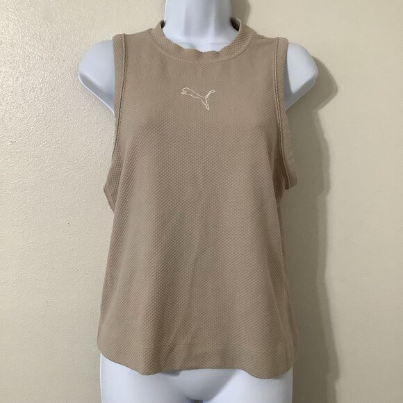 Puma Beige Sporty Athletic Yoga Running Logo Monogram Sleeveless Workout Top L - Picture 1 of 8